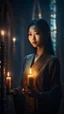 Placeholder: Shi Fi, a beautiful thai woman in the church holding a candle, atmospheric lighting effects, intricate industrial details, moody atmosphere, eerie grimdark ambiance, complex motherboard accents, speculative fiction art. Bokeh