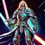 Placeholder: 90's retro fantasy art of a heroic space knight with laser sword