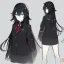 Placeholder: Clear focus, High resolution, long black fluffy hair, blue eyes, wearing a black sailor uniform, red tie, yandere, rough line sketch, dark aura, holding a katana, hair between eyes, 1girl, standing in grey sand