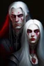 Placeholder: A couple, from the dnd game curse of Strahd. The woman has long white hair and blue eyes, the man has LONG BLACK hair and red eyes, no facial hair.