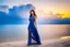 Placeholder: very nice real face beautiful sexy roman with make up at the beach standing pose in a short lace dark blue and silver dress, full body, 3D cloudy sky volumetric nice clouds 8k sharp focus,sunset,golden hour,medium shot