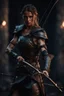 Placeholder: female warrior aiming a bow and arrow wearing leather half armour dark fantasy Realistic 4k