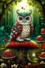 Placeholder: a beautiful funny owl, glittering jewels, sitting on a mushroom with red and white dots, in the forest