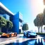 Placeholder: Modern apartment on the outskirts of a metropolitan city, with 2 supercars in the garage, with a beautiful background of the city, there are several trees next to it, it has a very strong impression, 3d rendering