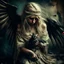 Placeholder: In a lucid dream I meet a fallen angel, blindfolded with old cotton rags, blond wild hair, tired and disconsolate, an old cartoon dress draped over her shoulders, head bent down, damaged skin. She is accompanied by a blind crow on her shoulder. Subtle light, dark grunge background, a grunge overlay. Small depth of field, blurred image. Surrealistic lighting.