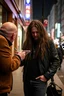 Placeholder: A stalker wants an autograph from a long-haired rock musician on a street in central London. The stalker is an overweight soon bald 25-year-old and looks a bit slimy, the atmosphere is oppressive and unpleasant
