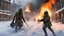 Placeholder: ALIEN CREATURE fighting with a British WORLD WAR ONE soldier whose uniform is on fire, a snowy london street 1898, the snow, SNOW ON THE GROUND, BURNING DEBRI LIES ALL AROUND, PHOTO REALISTIC, EPIC, CINEMATIC