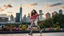 Placeholder: beautiful lady with makeup in pants and pretty shirt curvy long hair sport shoes dancing in a open stage in a modern city cnter,modern city escape at dintant ,flowers and trees ,pretty clouds, golden hour