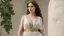 Placeholder: [an alluring 30 years old woman] goddess Aphrodite is a living being in flesh, she walks in linen tunic in the new Pinault Collection Museum, with olive green laurels leafs in her hear, she is lost and sad