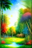 Placeholder: watercolor painting, colorful tropical landscape garden scene in the style of Henri Rousseau's artwork, “The Equatorial Jungle”