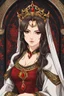 Placeholder: woman with long brown hair and red eyes, medieval concubine, anime style, highly detailed, intricate background, red and black clothes, confident, arrogant