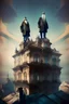 Placeholder: Wide angle with two oldmen wit long beards standing on the top of a building, mysterious atmosphere, old Bucharest, digital art