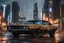 Placeholder: photo of a retrofitted cyberpunk 1969 Dodge Charger R/T model with (heavily battered:1.6) and rusty body, special assembly parts fitted to the hood and roof, (black windscreens:1.7), thin LED headlights and rusty dark rims, menacing car style, cyberpunk city scene in background, towering skyscrapers, heavy rain