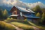 Placeholder: House in the mountain, clouds deep blue shadows, oilpainting, deep soft colors , highly detailed, very attractive, beautiful, light reflections