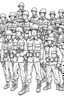 Placeholder: Outline art for coloring page OF A BOX OF 1945 TOY SET OF U.S. PLASTIC TOY ARMY SOLDIERS, coloring page, white background, Sketch style, only use outline, clean line art, white background, no shadows, no shading, no color, clear