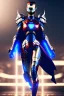 Placeholder: pretty woman on great modern armour, metalic, blue and silver paint, complete costume, helmet and mask, female stylized, woman lines, flying, iron man influence, darknight sky background, intrincate details, high a.i. perseption, nano tecnology, lights, high quality picture, renderizing.