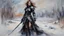 Placeholder: a warrior woman in black armor on the background of a cold snow-covered country, ice and crystal, frost and snow, oil and pastel, by Leonid Afremov & William Kentridge & Anna Razumovskaya