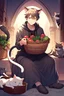 Placeholder: beautiful image of a sad boy with cat ears and tail sitting alone in a basket