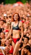 Placeholder: anorexic beautiful woman, age 21, total shot, anthracite triathlon swimsuit, medium long wavy bob haircut, red hair, blurred party crowd in background