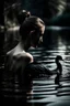 Placeholder: Black swan in human shape in the water looking at her back