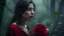 Placeholder: A captivating close-up photograph of a vibrant red rose with lush green leaves, nestled between the tendrils of a foggy forest. In the background, a pale-skinned woman with dark wavy hair and a mysterious expression gazes into the distance, her face slightly obscured by the mist. The atmosphere is enchanting and eerie, with the fog adding a touch of mystique to the scene.