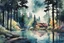 Placeholder: retro anime style, full color, dark serious 1980s anime style, A lake in the forest near a cottage, watercolor, forest,
