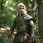Placeholder: Please create an image for a young elven male with light brown skin, silver hair, and green eyes. He is standing outside in the forest during springtime, carrying a crossbow. There is another walking suit of armor in the background
