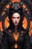 Placeholder: women with sharp features and orange eyes, eyes are orange in a black robe with a dragon pattern, sitting in a spaceship throne with only black decorations