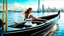 Placeholder: 1 girl makeup wearing victorian top and pants and pretty boots rowing a sailing boat in sea ,modern city of 2040 ,pretty clouds in blue sky,city escape.at distant