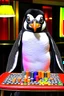 Placeholder: photo of a penguin playing cards at a casino, not a cartoon