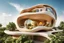 Placeholder: organic fruit-shaped house embedded into the sky, architectural photography, style of architecture, modernist architecture, warm sunlight, photo real, real photography