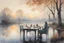 Placeholder: loggia, breakfast table, Sunrise on a misty morning. over a misty pond in the hieght of fall. Watercolour by Alison Brady. Pastel colours Arthur Rackham Gothic Watercolour Jean-Baptiste Monge Ernst Haeckel Minimalist Kay Sage watercolour art