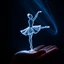 Placeholder: 3d light hologram of a ballerina in arabesque pose made entirely out of light beams projected above an open palm of an outstretched hand, shimmering translucent electric glowing lines, contoured 3D hologram line art,