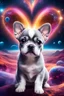 Placeholder: large eyed happy puppy grey frenchton in the distance a colorful intricate HEART shaped planet similar to earth in a brig ażht nebula, sparkles, cinematic lighting, vast distances, swirl, fairies, magical darkness, sharp, depth, jellyfish, cinematic eye view