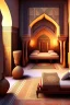 Placeholder: An Egyptian bedroom with arches, a big bed, cushions, rugs, lamps