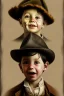 Placeholder: damaged realistic oil painting, portrait of oliver twist, boy crying, oil on face, 1800s clothes, wearing tophat, factory and oil in background, atmospheric lighting