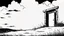 Placeholder: broken wooden door, anime, monochrome, black background, ink, simple, maximum quality, broken hinge, barely functioning, centered on frame, far view, in the middle of a grassy hill, white sky with cumulonimbus