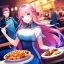 Placeholder: girl, masterpiece, best quality, cinematic lighting, detailed outfit, perfect eyes, long hair, pink hair, blue eyes, laughing, at restaurant, food, detailed background, wide view, god rays,