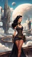 Placeholder: exotic sci-fi steampunk pin-up girl, with long dark hair, on an sci-fi planet with cloud trees, tall spires, buildings, bridges, arches