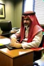 Placeholder: A Saudi lawyer wearing a modern red Saudi shemagh and headband sat at a law office