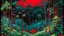Placeholder: A blackish red savage jungle at nighttime designed in Chinese paper art painted by Utagawa Hiroshige