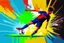 Placeholder: Oil painting, full body of a soccer player, he is kicking the ball, the ball is flying, bright but not neon colours, dynamic lines, dynamic blobs, spots, lines in the background of the character, splash like a colour explosion