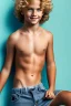 Placeholder: full body image of a beautiful 12 year old boy with long, blonde curly hair and light blue eyes, smiling, shirtless, in front of a wall, 8k