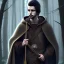 Placeholder: Male, Dark hair, Digital Art, Bow in hand, Hooded Cloak, Dark Forrest background