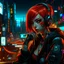 Placeholder: Darksynth,horror,Judy Alvarez,anime cyberpunk girl, eye shadows, arasuka, cyberpunk night city, piercing, gang tatto, red hair