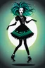 Placeholder: Create a wild, imaginative, whimsical and surreal dancing goth punk girl in the vector graphic style of Nirak1utilizing simple shapes and vibrant colors