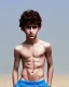 Placeholder: beautiful 12 year old arabic boy with long, curly hair and light blue eyes,shirtless, in front of a beach