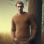 Placeholder: a full picture of a tall skinny man with blonde and greasy hair wearing a woolen sweater standing outside in nature