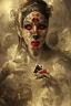 Placeholder: A harlequin character, playing cards with other people , sf, intricate artwork masterpiece, ominous, matte painting movie poster, golden ratio, trending on cgsociety, intricate, epic, trending on artstation, by artgerm, h. r. giger and beksinski, highly detailed, vibrant, production cinematic character render, ultra high quality model