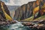 Placeholder: palette knife landscape painting of an Icelandic river canyon with towering columnar basalt cliffs, in the Expressionist style of Egon Schiele, Oskar Kokoschka, and Franz Marc, highly detailed in muted natural colors with fine detail outlining and shading